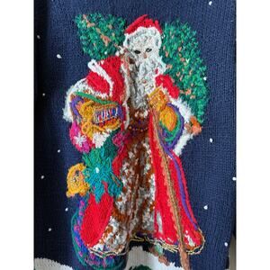 Vintage Casual Corner Texture Knit Santa Christmas Sweater Navy Medium Oversized
